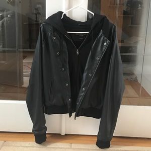 Bomber leather jacket with hood
