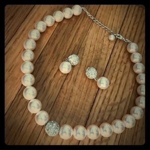 Pearl and rhinestone necklace and earring set