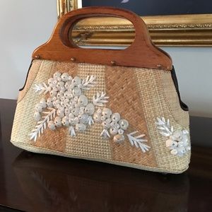 Jcrew wooden handled shell encrusted straw bag