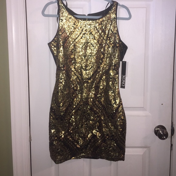 Gold sequin body con dress