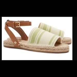 Tory Burch Green Stripe Elastic Espadrille Sandals