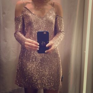 Zara rose gold sequined open shoulder LS dress