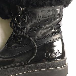 COACH black patent leather boots w/ faux fur