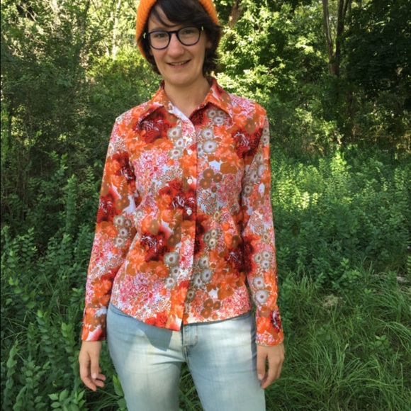 Retro floral orange button down shirt size small