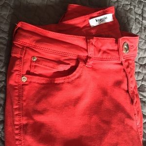 Poppy red "ankle biter" skinny jeans by Kensie