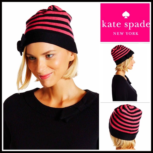 KATE SPADE SIGNATURE STRIPED PINK BLACK BOW BEANIE - Picture 2 of 7
