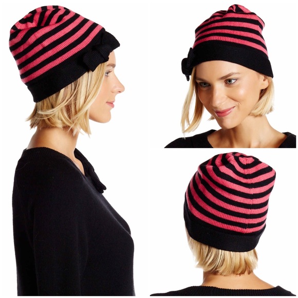 KATE SPADE SIGNATURE STRIPED PINK BLACK BOW BEANIE - Picture 3 of 7