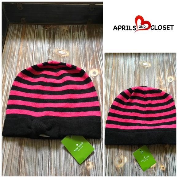 KATE SPADE SIGNATURE STRIPED PINK BLACK BOW BEANIE - Picture 4 of 7