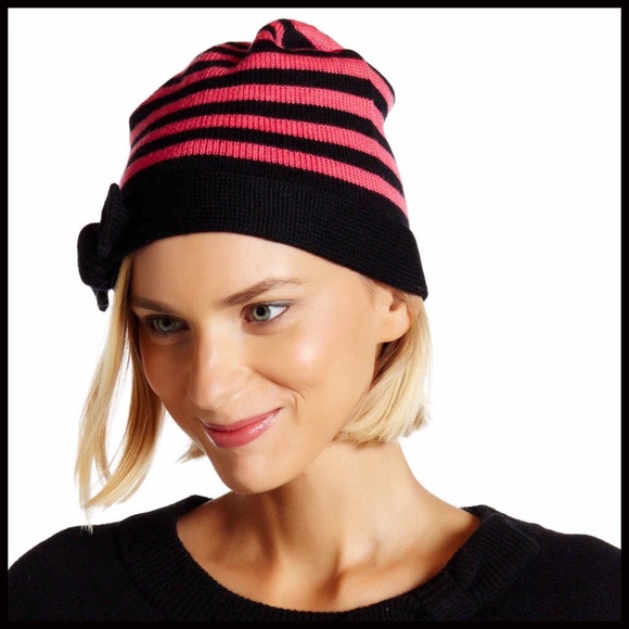 KATE SPADE SIGNATURE STRIPED PINK BLACK BOW BEANIE - Picture 5 of 7