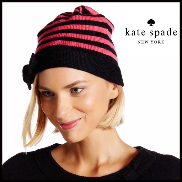 KATE SPADE SIGNATURE STRIPED PINK BLACK BOW BEANIE - Picture 7 of 7