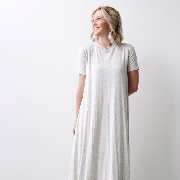 Light heather grey modest midi dress!