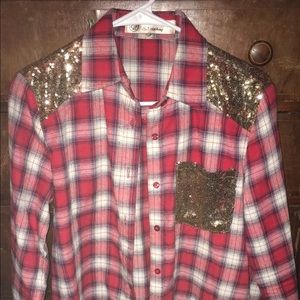 Sequin/plaid button up