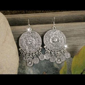 Designer medallion silver earrings with crystals.