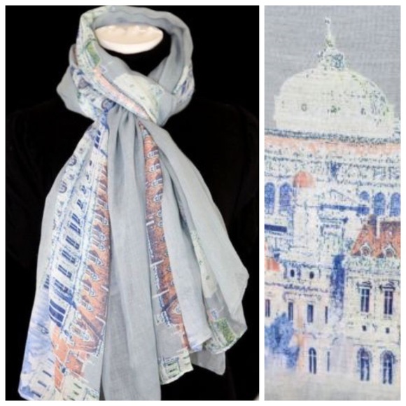 B119 Gray Blue Historic Castle Architecture Scarf - Picture 4 of 4