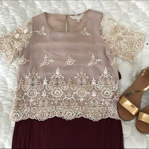 LC Lauren Conrad Runway Nude Gold lace top