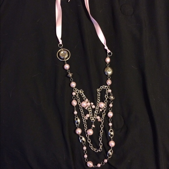 Light pink, ribbon chain, overlapping necklace.