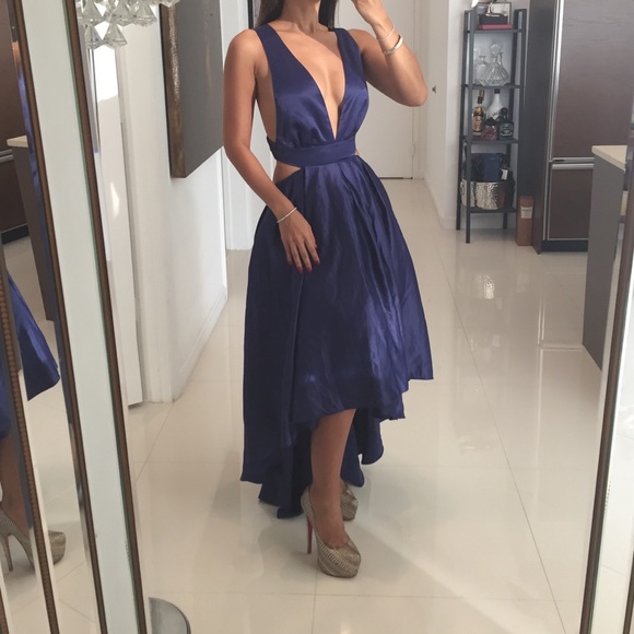 Royal Blue Asymmetrical Deep V Satin Dress Size S