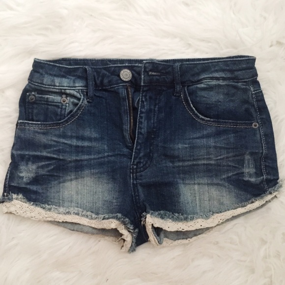 High Rise Denim Shorts Crochet Detail