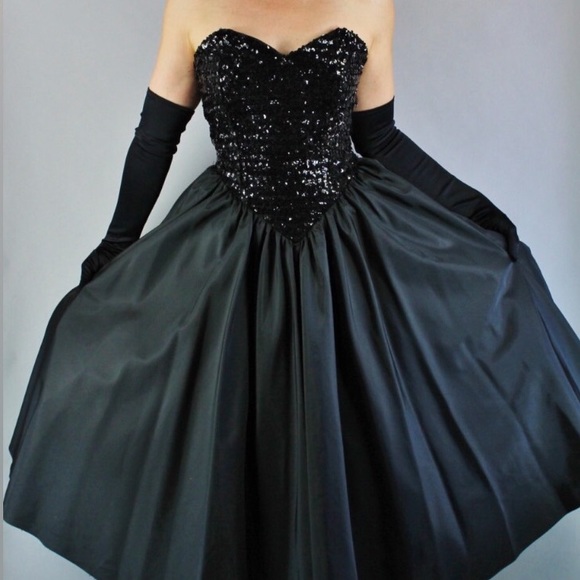 VINTAGE 80'S WOMEN'S BLACK TAFFETA, STRAPLESS, S