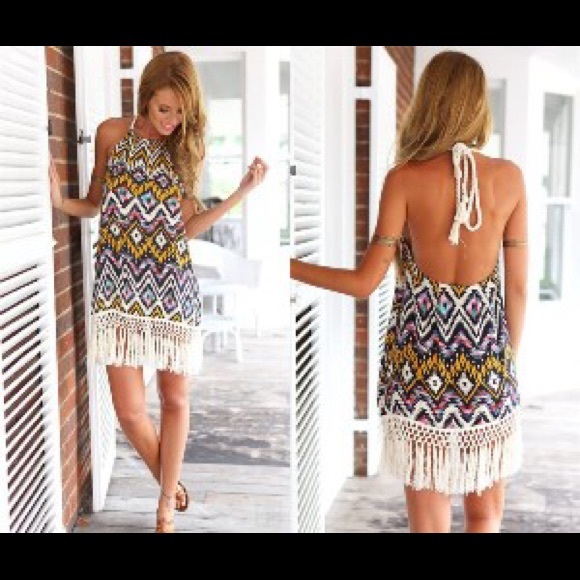 Bohemian Halter Floral Fringe Sleeveless Dress - Picture 2 of 5