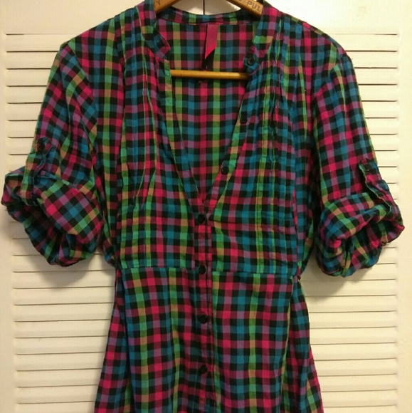 Long Plaid Button-up w/ Tie Waist