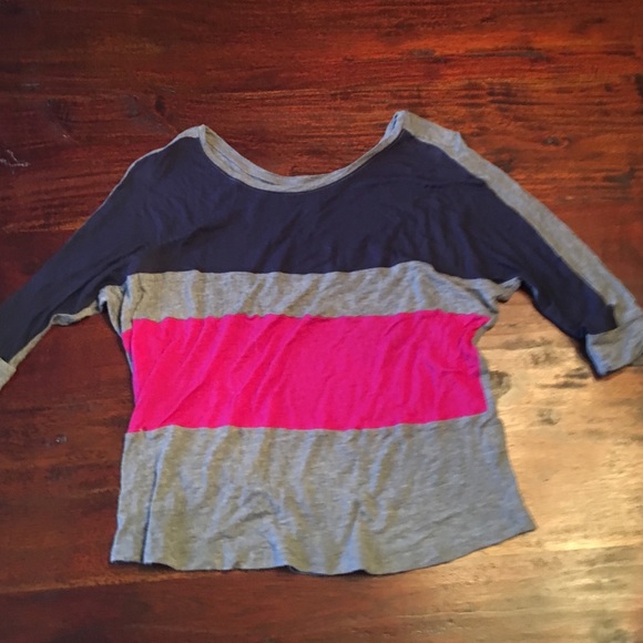 Gray, blue and pink striped top. 3/4 sleeves