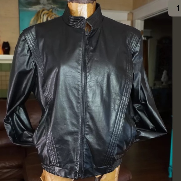 Men's black leather vintage moto jacket 44 - Picture 1 of 4