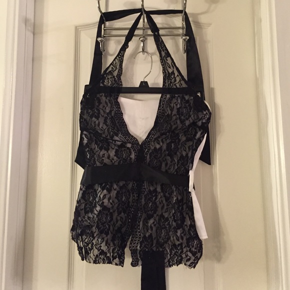 White tube top with black lace halter top and tie
