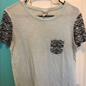 PINK light blue tee with Aztec striped sleeves