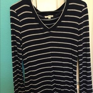 Long sleeve dark blue and white striped shirt