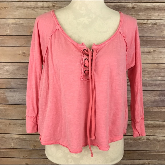 Free People Tops - We The Free Pink Distressed Lace Up Crop Top