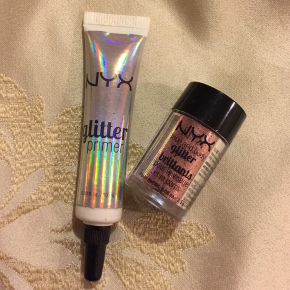 NYX pink/rose gold glitter with glitter primer