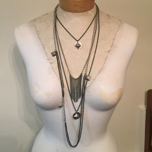 Long Layered Silver Necklace with Studs Charms