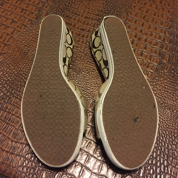 Coach Cloth and Gold Leather Trim Wedge Heels - Picture 3 of 4