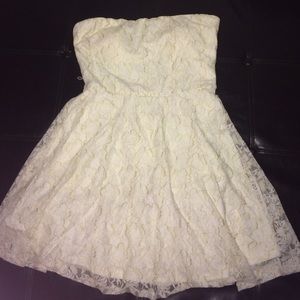 White with gold lace roses strapless party dress