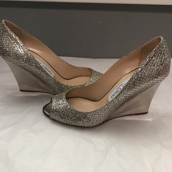 These are silver Jimmy Choo Baxen Wedge Pumps - Picture 2 of 4