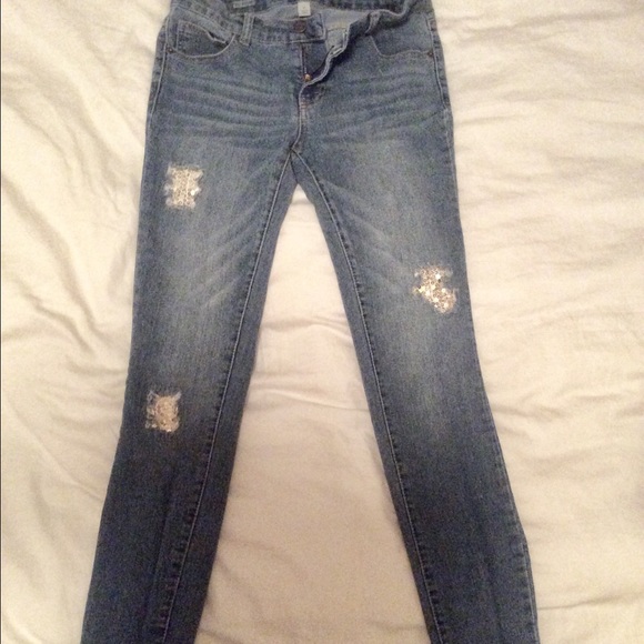 Girls sequenced distressed jeans
