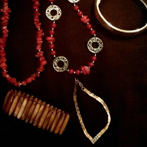 3 cuffs/bangles long red necklace