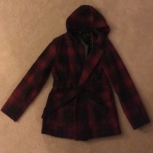 Gently used black and red plaid coat