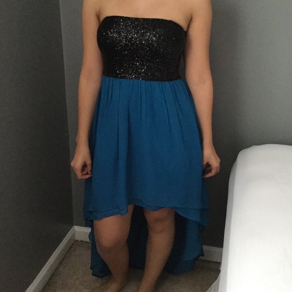 Black sequin turquoise high low dress