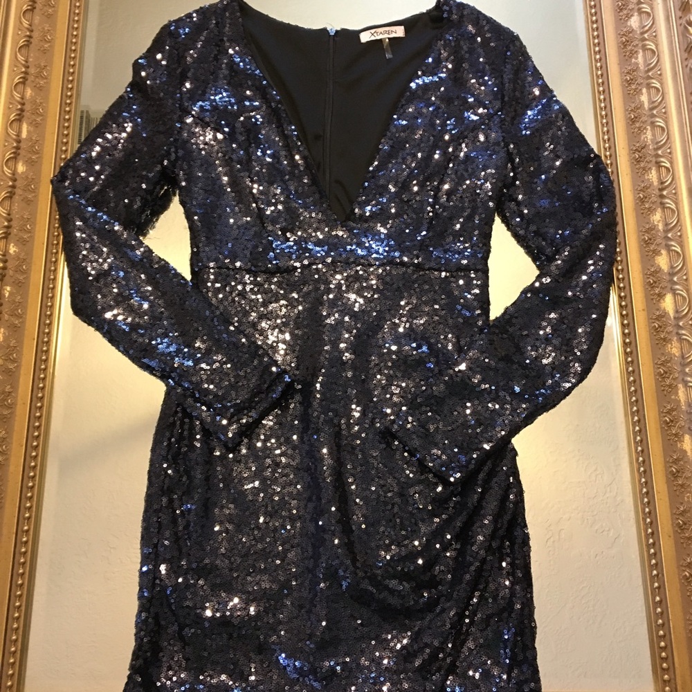 Blue sequin deep v neck dress