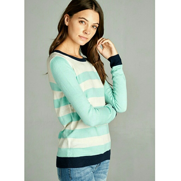 New Mint & Ivory Stripe Navy Detail Sweater