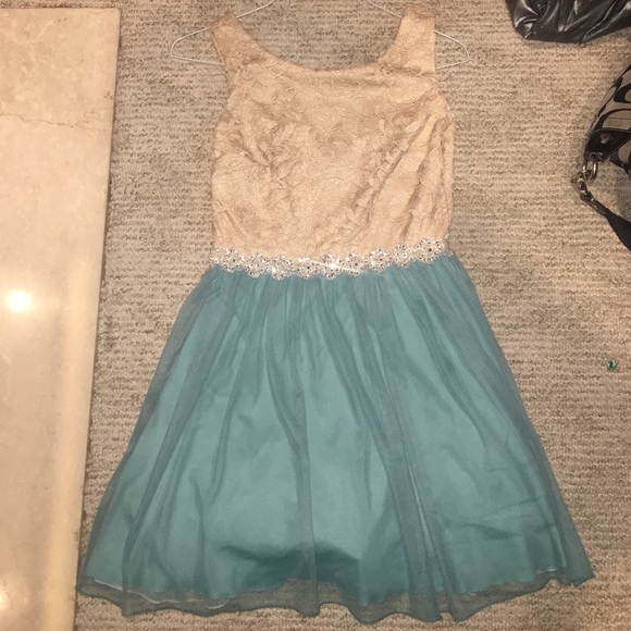 Tan and teal flowing homecoming dress.