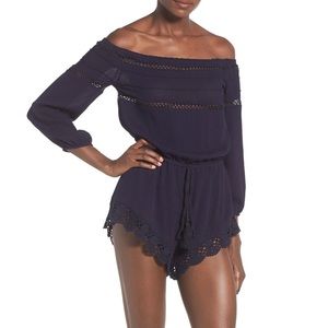 Navy Lace Trim Off the Shoulder Romper