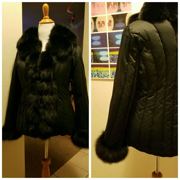 St John  black down coat with fox and rabbit fur
