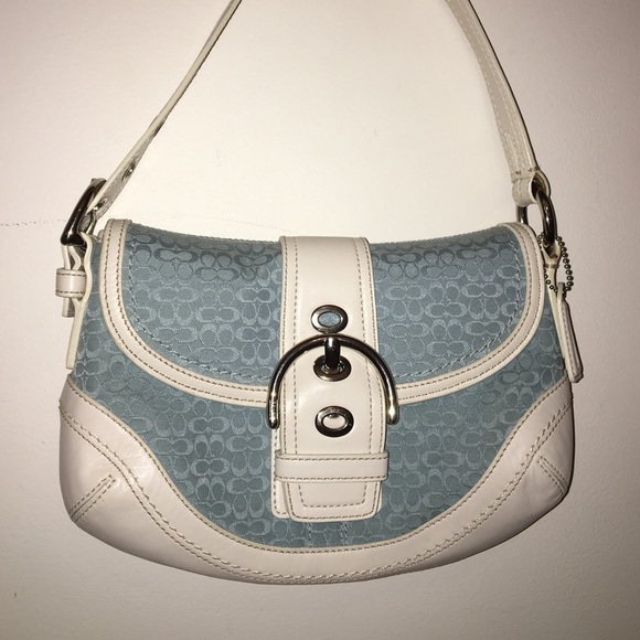 COACH SIGNATURE Light Blue Jacquard & Leather HOBO
