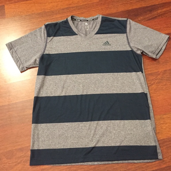 Mens Adidas grey and navy stripe athletic shirt.