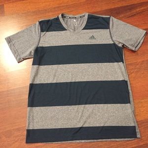 Mens Adidas grey and navy stripe athletic shirt.