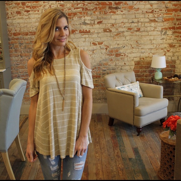 Khaki and ivory 2 tone striped cold shoulder tunic - Picture 2 of 3