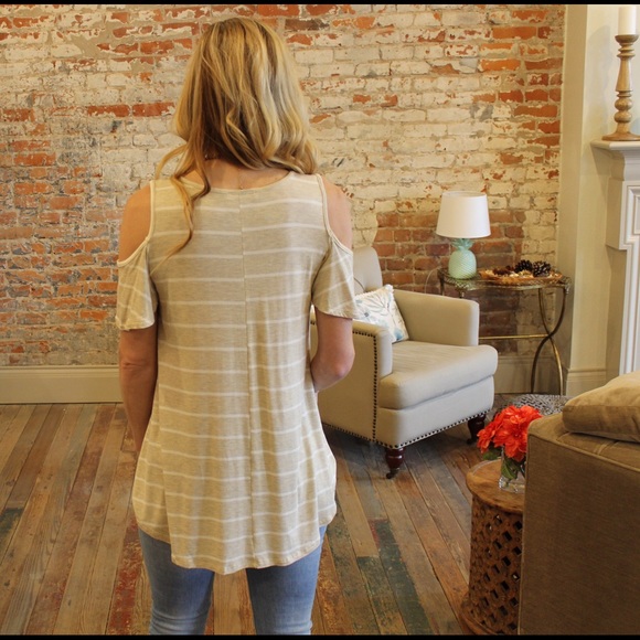 Khaki and ivory 2 tone striped cold shoulder tunic - Picture 3 of 3